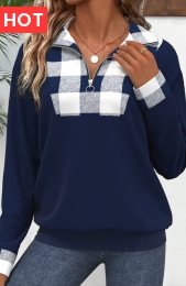 Navy Patchwork Plaid Long Sleeve Turn Down Collar Sweatshirt