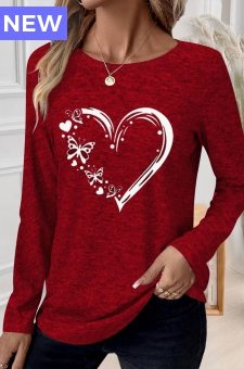 Red Patchwork Heart Print Long Sleeve T Shirt