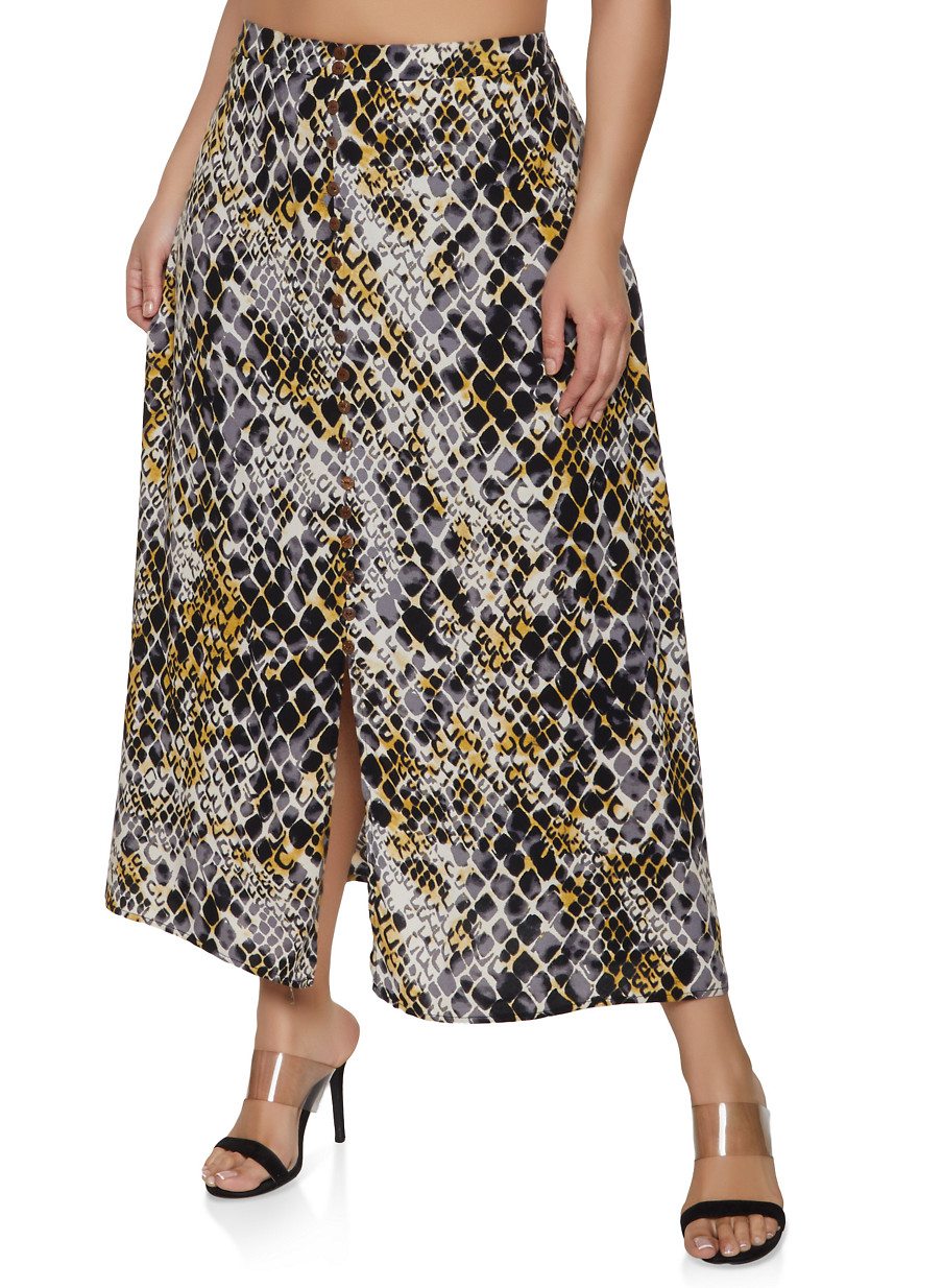 Plus Size Snake Print Faux Button Maxi Skirt