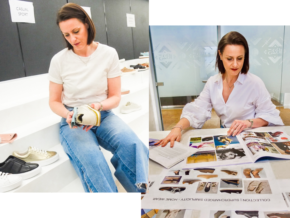 Images of Victoria Jones handling Clarks samples and looking through trends pages links to editorial content