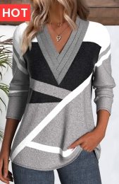 Grey Patchwork Geometric Print Long Sleeve T Shirt