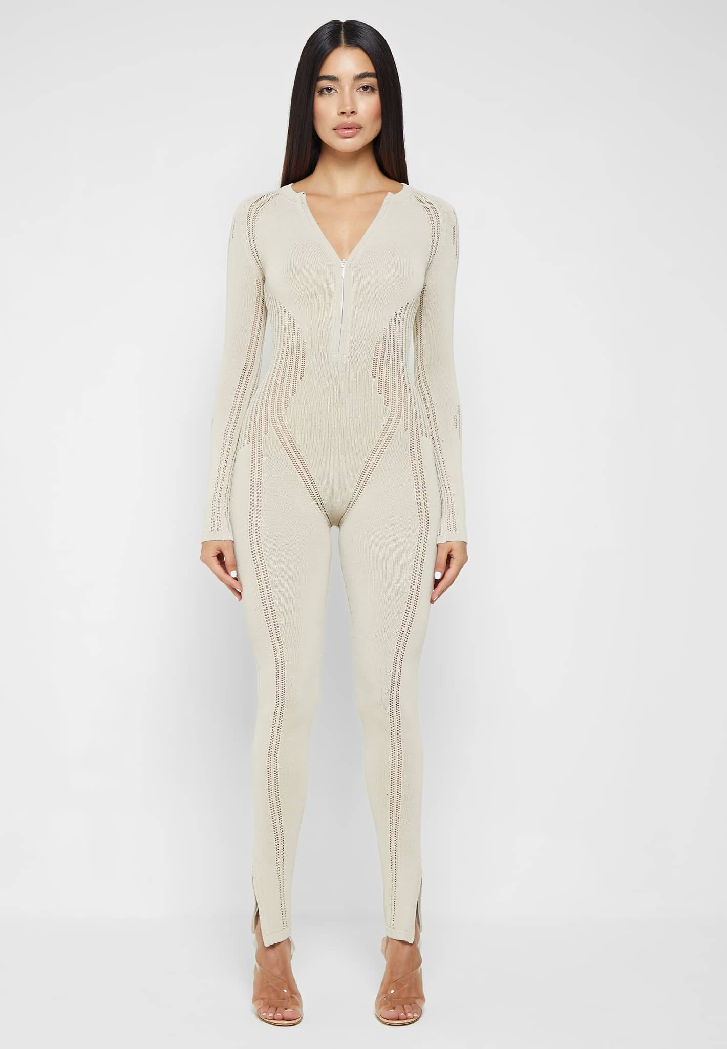 Knitted Contour Jumpsuit - Beige