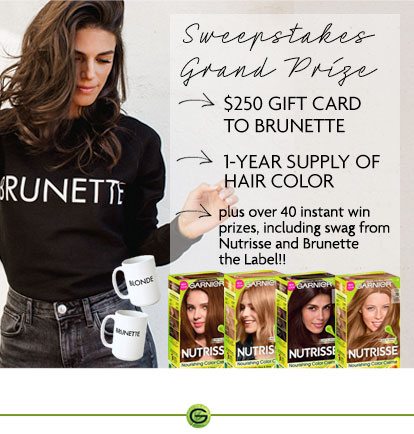 Sweepstakes Grand Prize - $250 GIFT CARD TO BRUNETTE - 1-YEAR SUPPLY OF HAIR COLOR - plus over 40 instant win prizes, including swag from Nutrisse and Brunette the Label!!