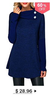 Long Sleeve Button Detail Royal Blue Tunic T Shirt