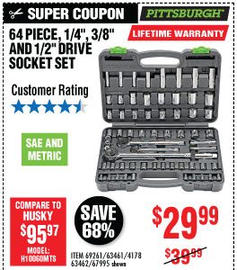 View 64 Pc 1/4 in., 3/8 in., 1/2 in. Drive SAE & Metric Socket Set