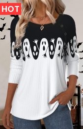 Halloween Black Button Long Sleeve Round Neck T Shirt