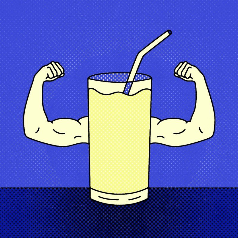 Illustration of a protein shake with arms flexing muscles