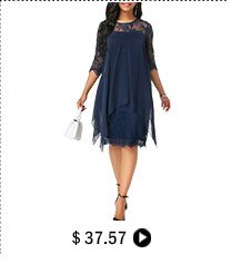 Three Quarter Sleeve Chiffon Overlay Navy Lace Dress