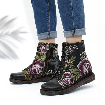 Elegant Flower Embroidery Genuine Leather Ankle Boots