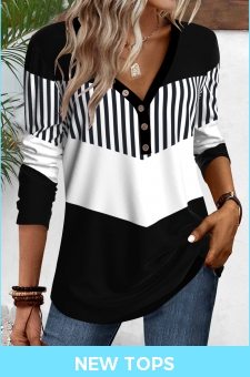 ROTITA Button Geometric Print Black V Neck T Shirt