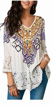 Lace Patchwork Three Quarter Sleeve Blouse