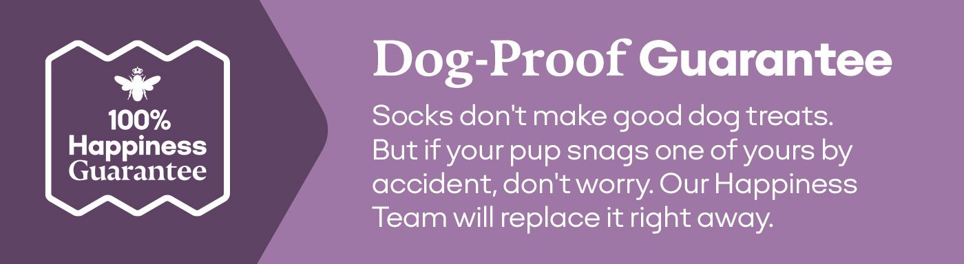 100% Happiness Guarantee | Dog-Proof Guarantee | Socks don't make good dog treats. But if your pup snags one of yours by accident, don't worry. Our Happiness Team will replace it right away.