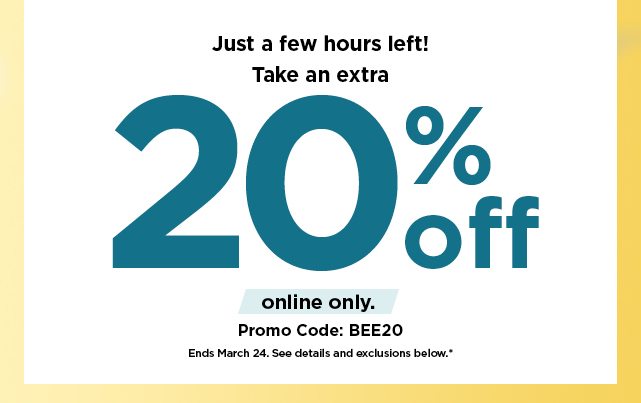 just a few hours left. flash sale take 20% off using promo code BEE20. shop now.