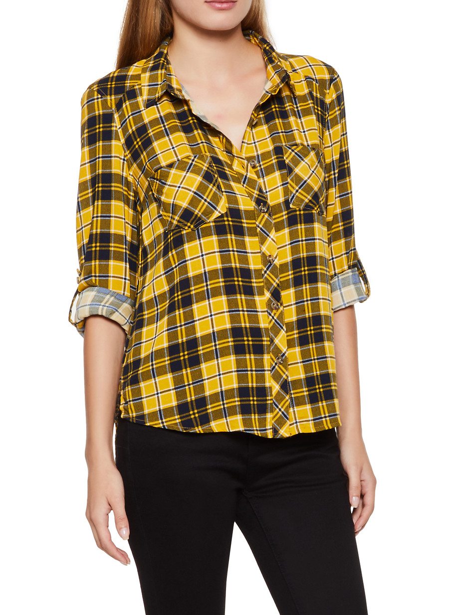 High Low Plaid Button Front Shirt