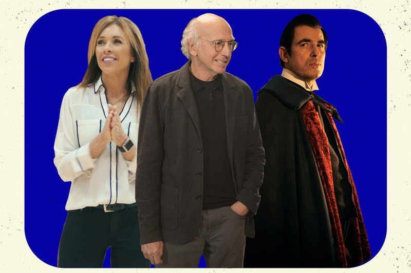 Characters from cheer, curb your enthusiasm, and dracula inside a blue rectangle