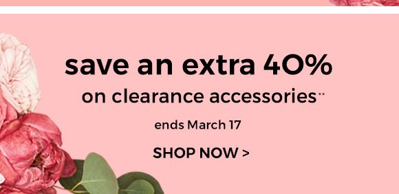 save an aextra 40% on celarance accessories** - ends March 17 - SHOP NOW >