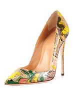 Women High Heels Pointed Toe Artwork Printed Stiletto Heel Slip On Pumps Yellow Dress Shoes