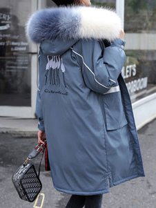 Femmes Parka Manteaux Bleu Fausse Fourrure À Capuche Manches Longues Brodé Veste de Souffleur Veste d\\'hiver