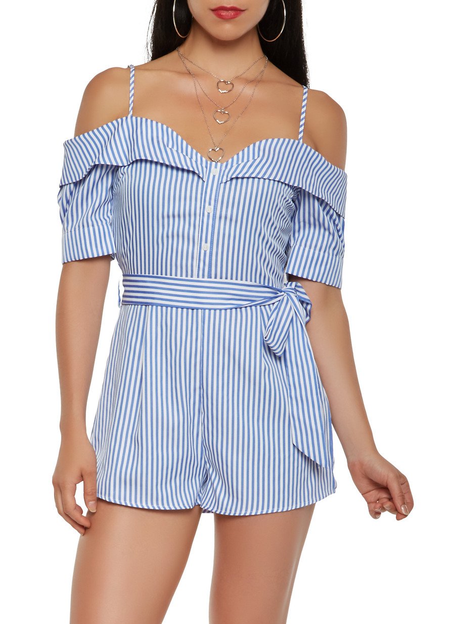 Fold Over Striped Off the Shoulder Romper