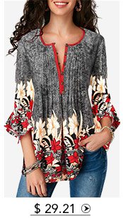 Printed Button Up Pleated Three Quarter Sleeve Blouse