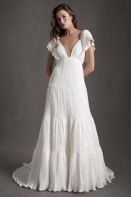 BHLDN Valerie Flutter-Sleeve Pleated Satin Wedding Gown?