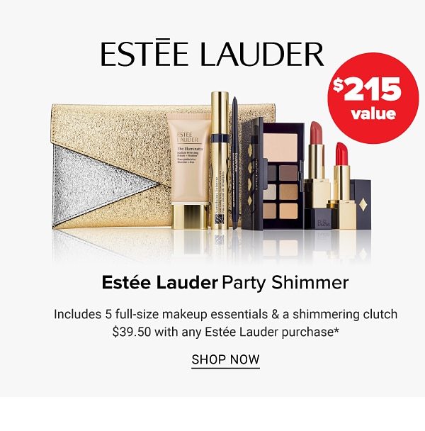 Estee Lauder Party Shimmer Includes 5 Full-Size Makeup Essentials & a shimmering clutch - $39.50 with any Estee Lauder purchase - Shop Now