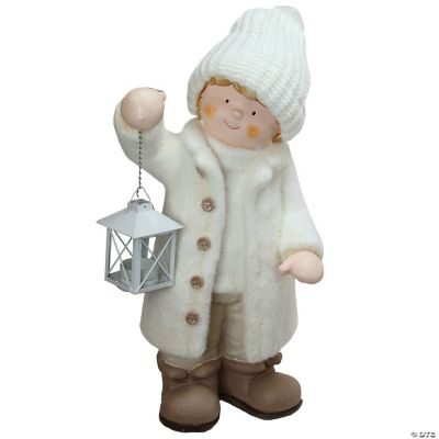 Northlight - 18" White and Brown Winter Boy Tealight Lantern Christmas Table Top Figure
