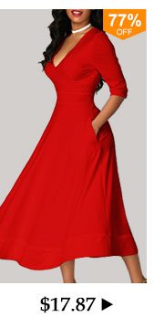 V Neck High Waist Half Sleeve Red Dress
