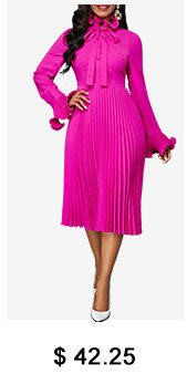 Tie Neck Long Sleeve Rose Red Pleated Dress