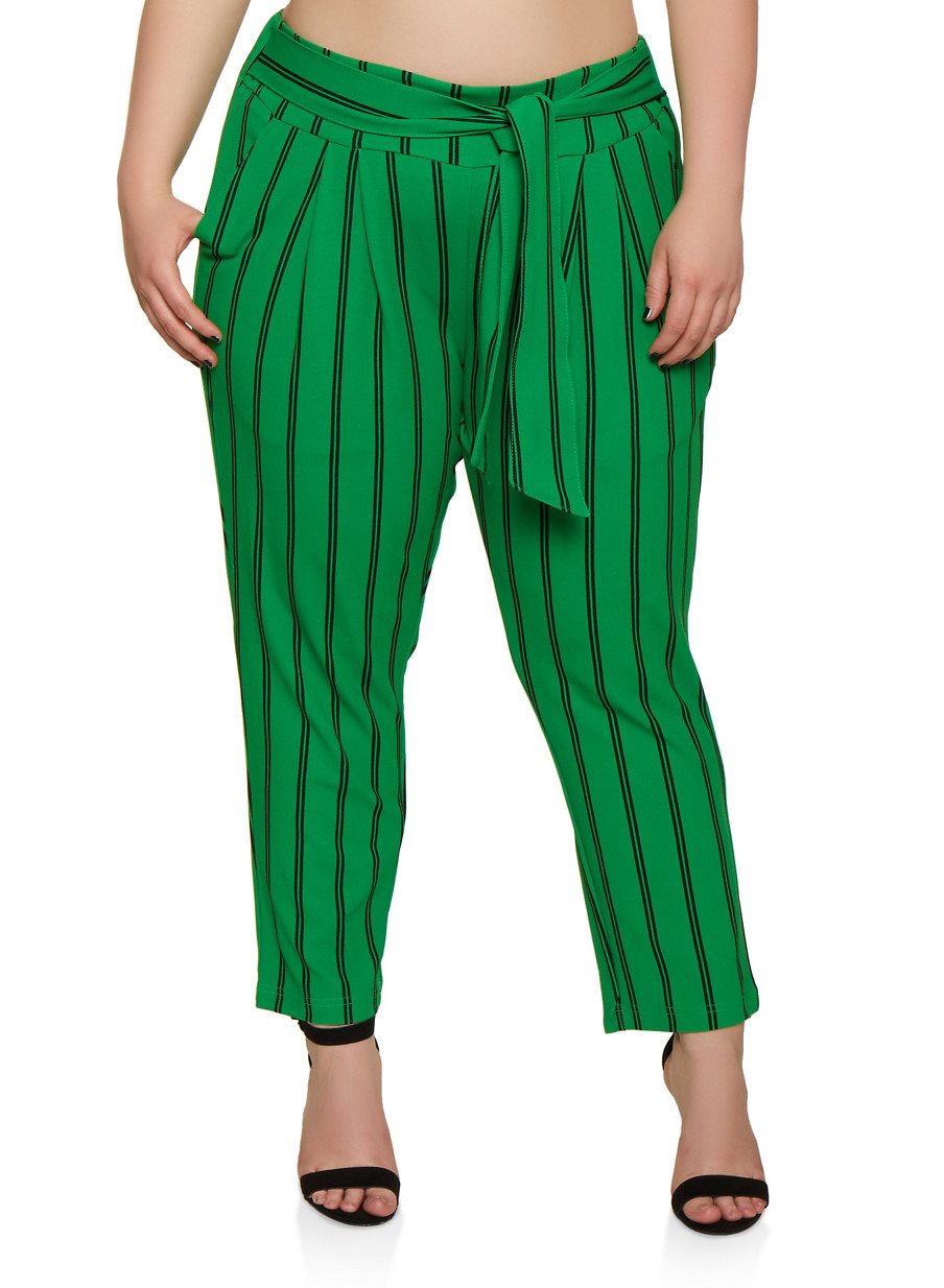 Plus Size Tie Front Striped Dress Pants