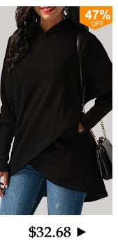 Black Asymmetric Hem Long Sleeve Pocket Hoodie