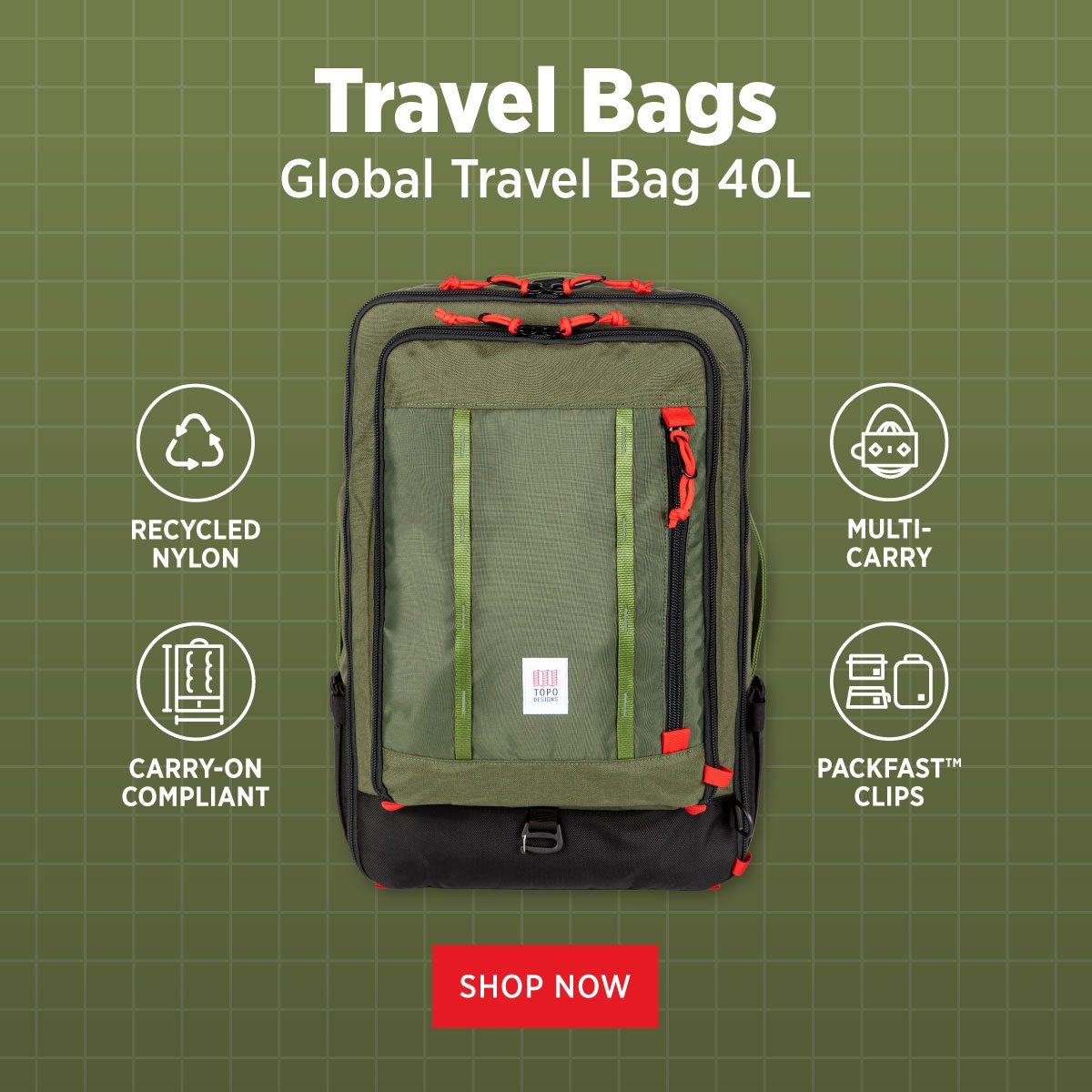 TRAVEL BAGS - GLOBAL TRAVEL BAG 40L IN OLIVE