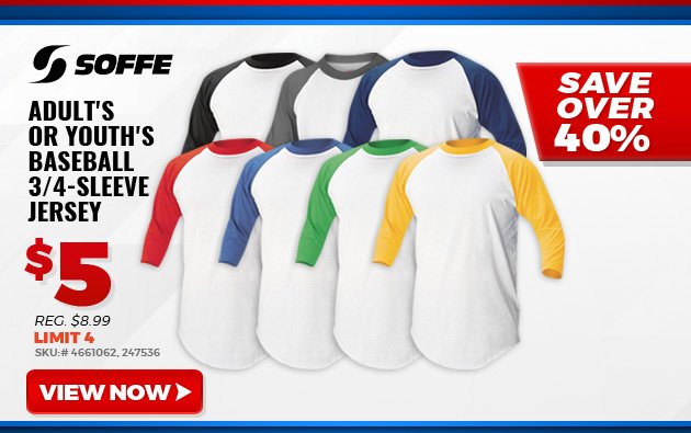 SOFFE ADULT'S OR YOUTH'S BASEBALL 3/4-SLEEVE JERSEY