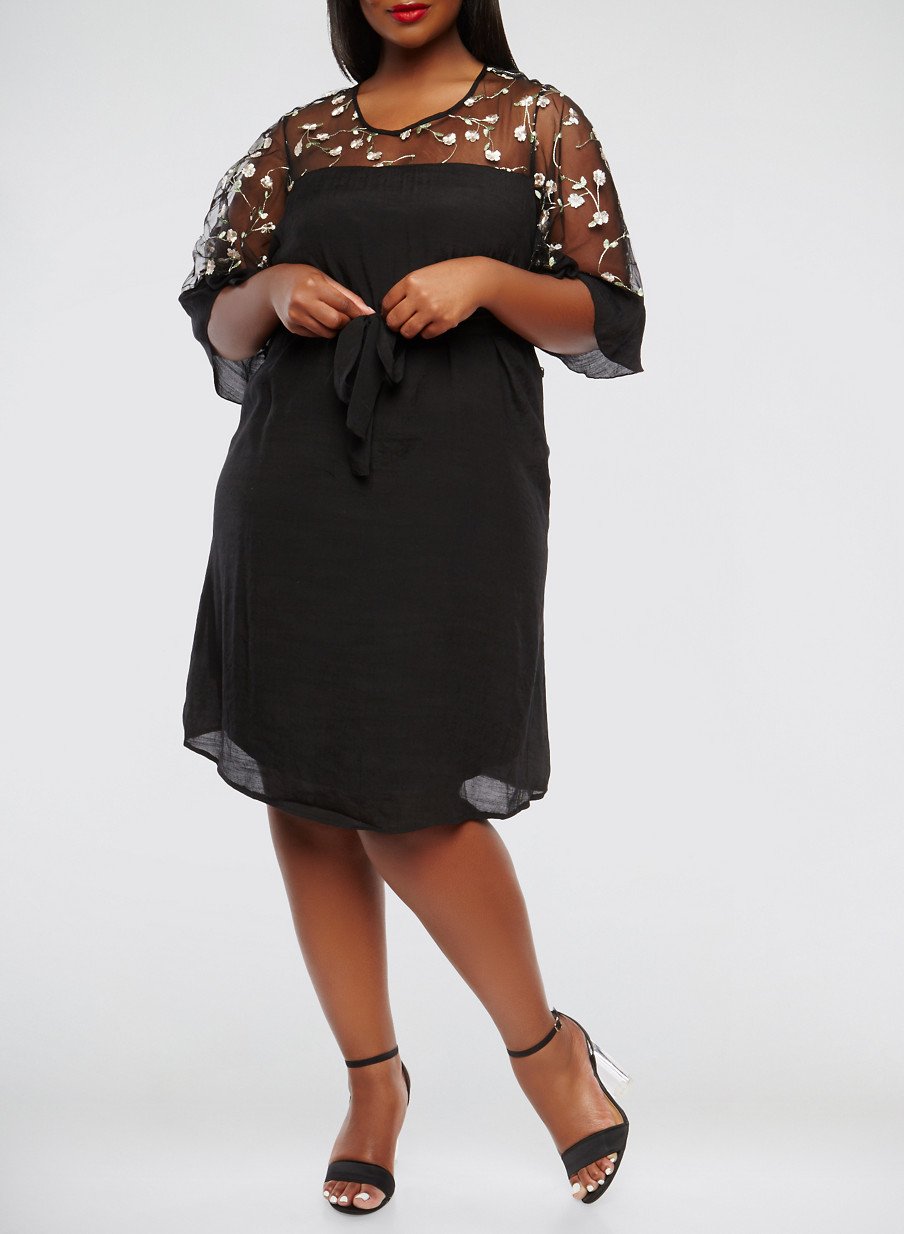 Plus Size Embroidered Mesh Yoke Dress