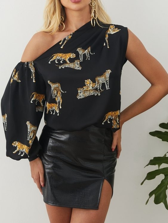 Animal Print One Shoulder Puff Sleeves Blouse
