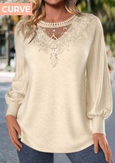 ROTITA Plus Size Embroidery Beige Round Neck T Shirt