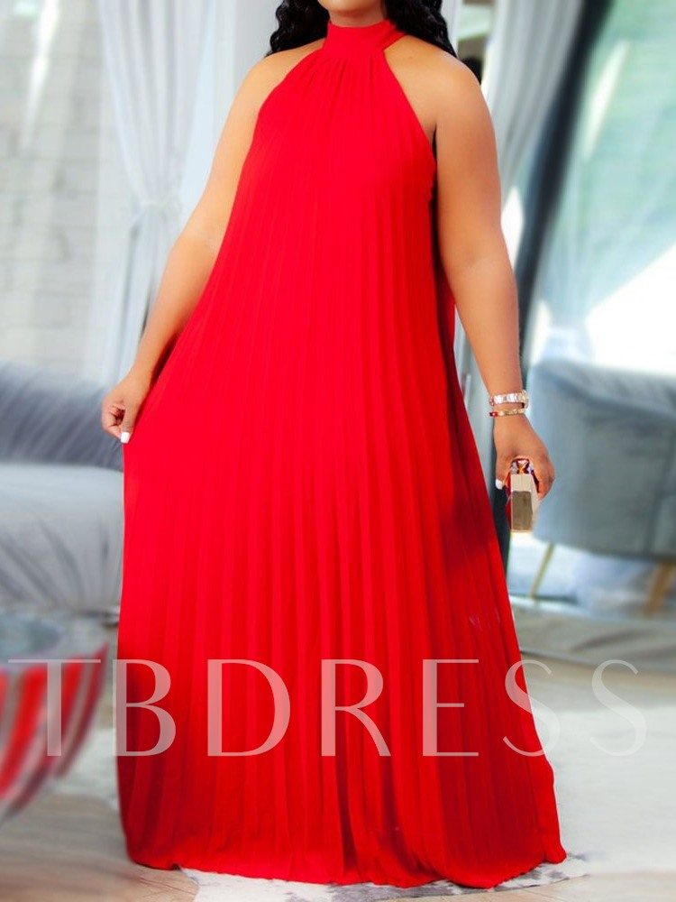 Plus Size Stand Collar Pleated Sleeveless Floor-Length Summer Women's Dress