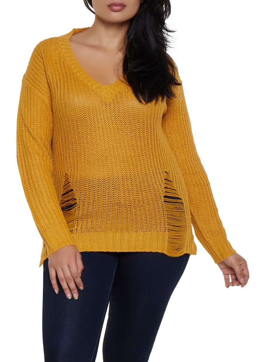 Plus Size Long Sleeve Shredded Sweater