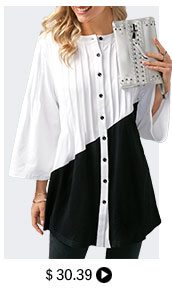 Color Block Button Up Pintuck Blouse