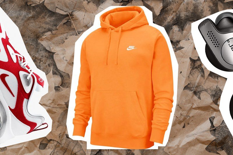 A sneaker, a hoodie, and a pair of headphones