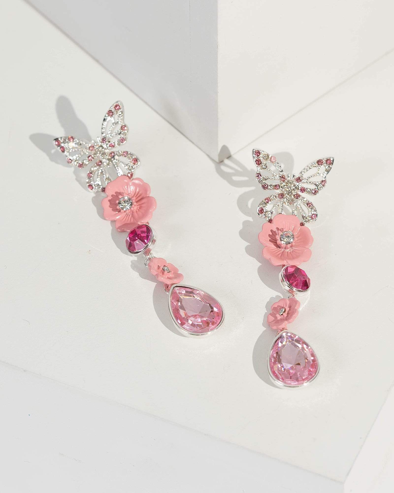 Image of Pink Crystal Butterfly Detail Drop Earrings