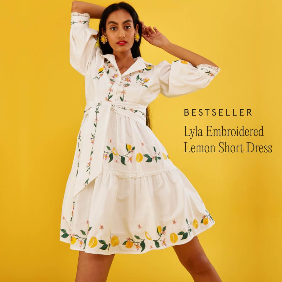 Lyla embroidered lemon short dress ivory