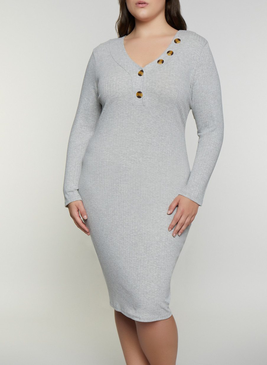 Plus Size Rib Knit Henley Bodycon Dress