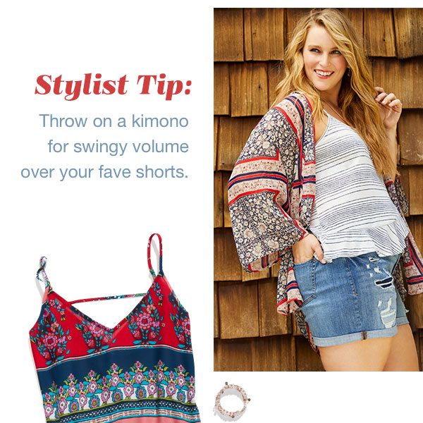 Stylist tip: Throw on a kimono for swingy volume over your fave shorts.