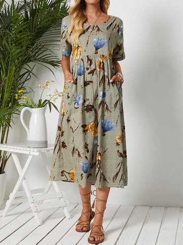 Flower Print O-neck Pocket Dress