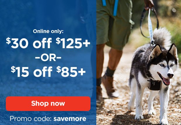 Online only: $30 off $125+ –OR– $15 off $85+. Promo code: savemore. Shop now.