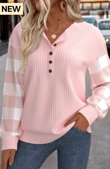 ROTITA Patchwork Plaid Light Pink Turn Down Collar Sweatshirt