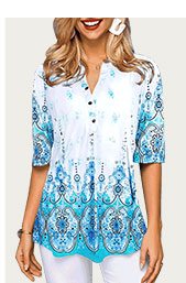 Split Neck Tribal Print Button Front Blouse