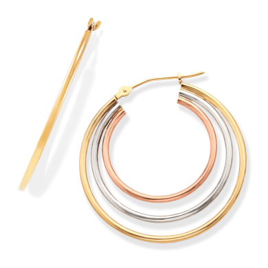 Triple Tube Hoop Earrings 14K Tri-Tone Gold 30mm