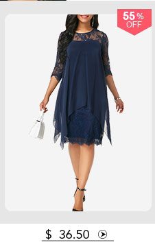 Three Quarter Sleeve Chiffon Overlay Navy Lace Dress